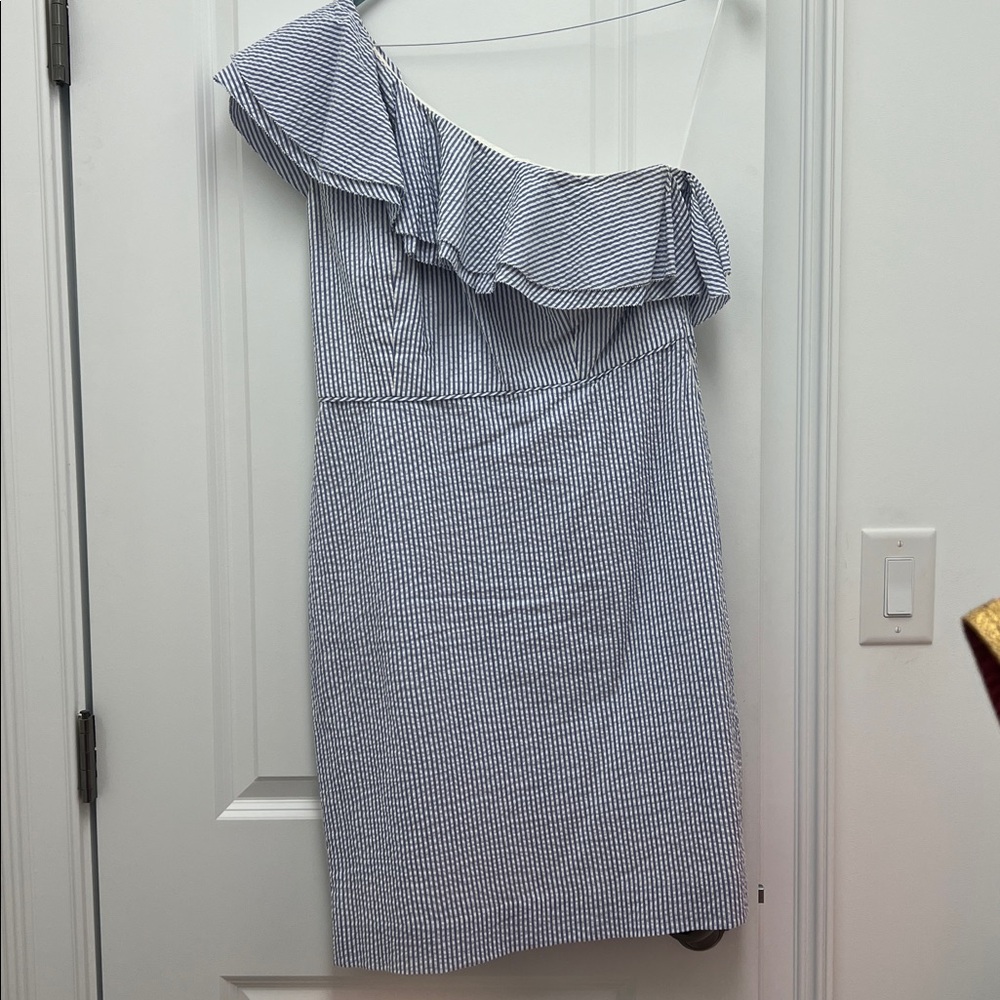J.Crew seersucker, one shoulder dress